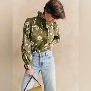 Sézane Coline Shirt, green floral, US 4